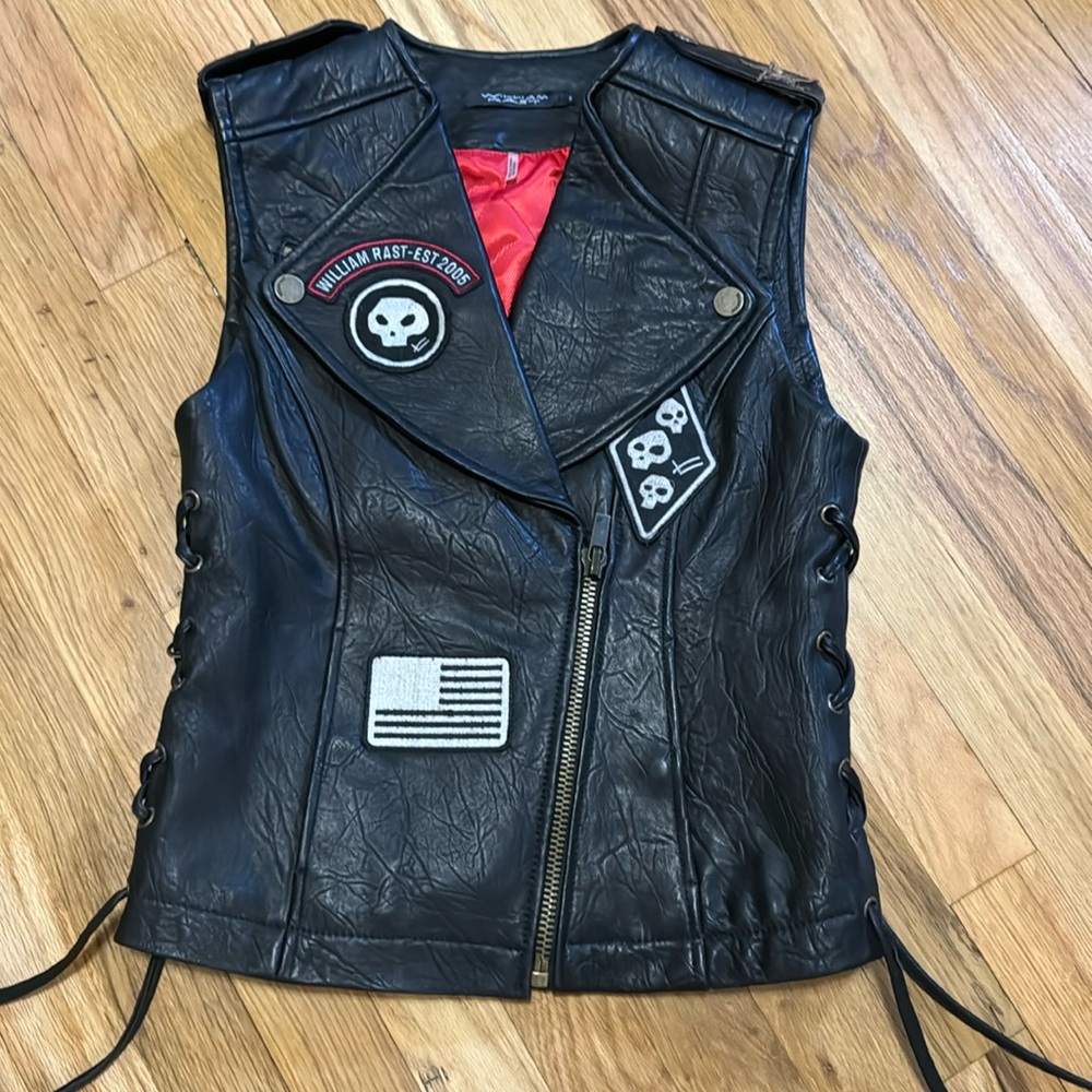 Vtg William Rast Designer Leather Moto Vest Lace Up Biker Patch Jacket